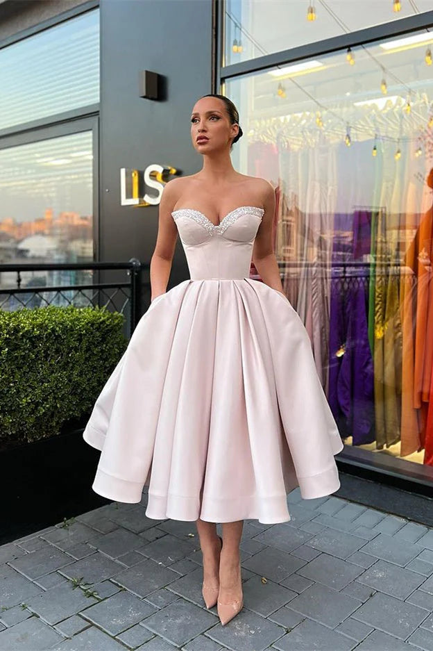 Retro Light Pink Sweetheart Strapless Design A-line Satin Party Dress Homecoming Dress DP6083