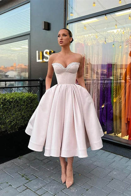 Retro Light Pink Sweetheart Strapless Design A-line Satin Party Dress Homecoming Dress DP6083
