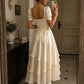 Elegant Ivory Satin Square Neck Short Puff Sleeve Tiered Midi A-Line Evening Dress DP8664