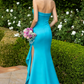 Elegant Turquoise Strapless Satin Ruffle High Slit Prom Dress DP8528
