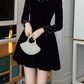 Vintage Black Velvet Pearl Beaded Long-Sleeve Fit-and-Flare Mini Homecoming Dress DP7702