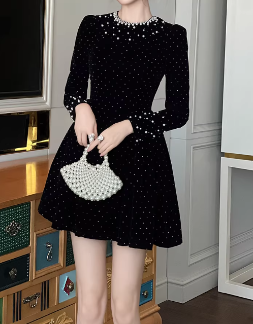 Vintage Black Velvet Pearl Beaded Long-Sleeve Fit-and-Flare Mini Homecoming Dress DP7702