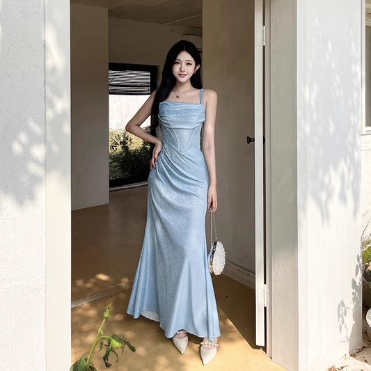 Vintage Glänzendes Hellblaues Spaghettiträger Meerjungfrau Langes Sommerkleid Ballkleid Abendkleid DP6398