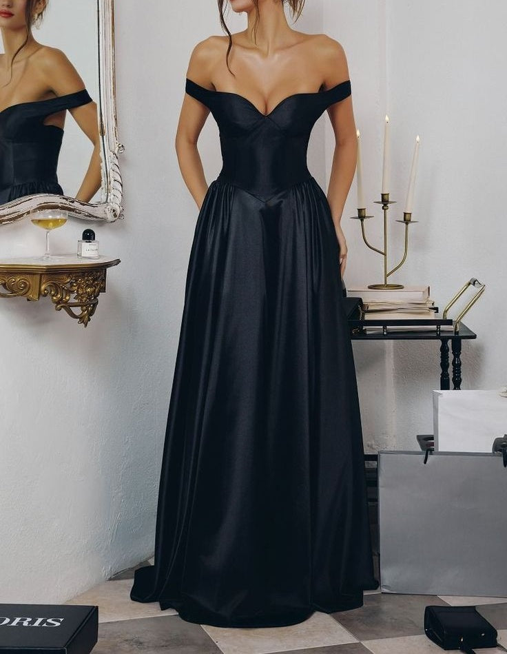 Vintage Off-the-Shoulder Satin A-Line Evening Gown DP8449
