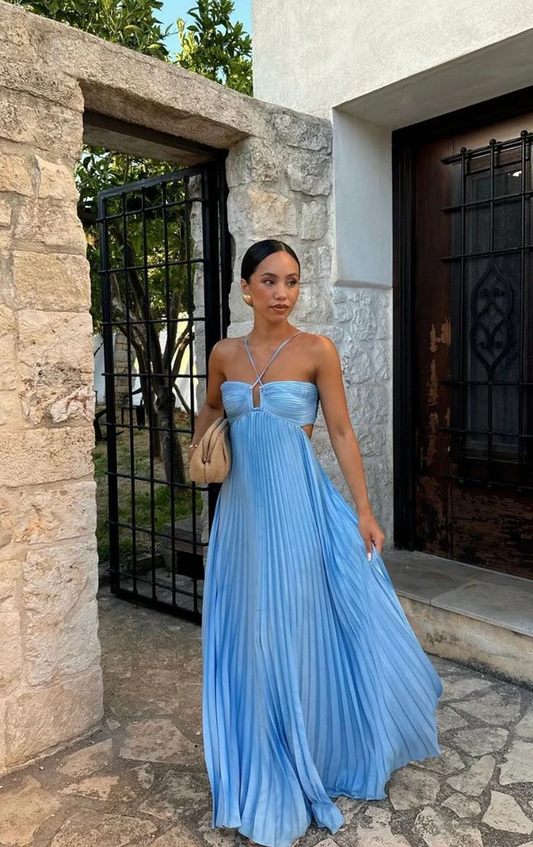 Blue Halter A-Line Fashion Summer Party Dress Wedding Guest Dress, DP3248