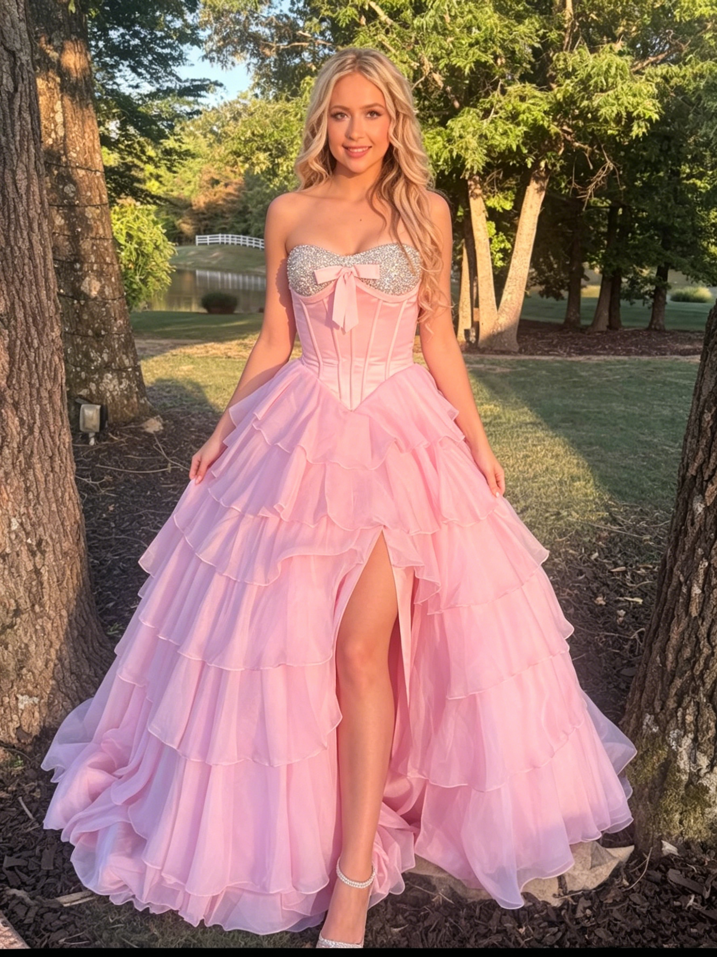 Elegantes pinkfarbenes, trägerloses Tüllkleid mit Perlen, Schleife, Korsett-Oberteil, gestuften Rüschen, hohem Schlitz für Sweet 15/Quinceanera, Ballkleid DP8370