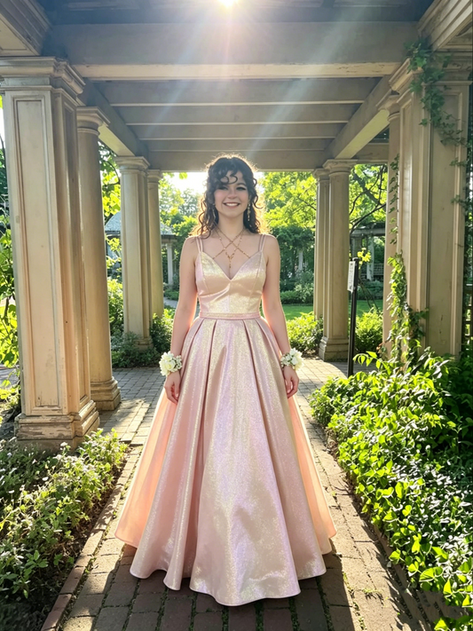 Glänzendes pinkfarbenes Satin-Spaghettiträger-Kleid mit V-Ausschnitt und A-Linie, langes Ballkleid DP0283