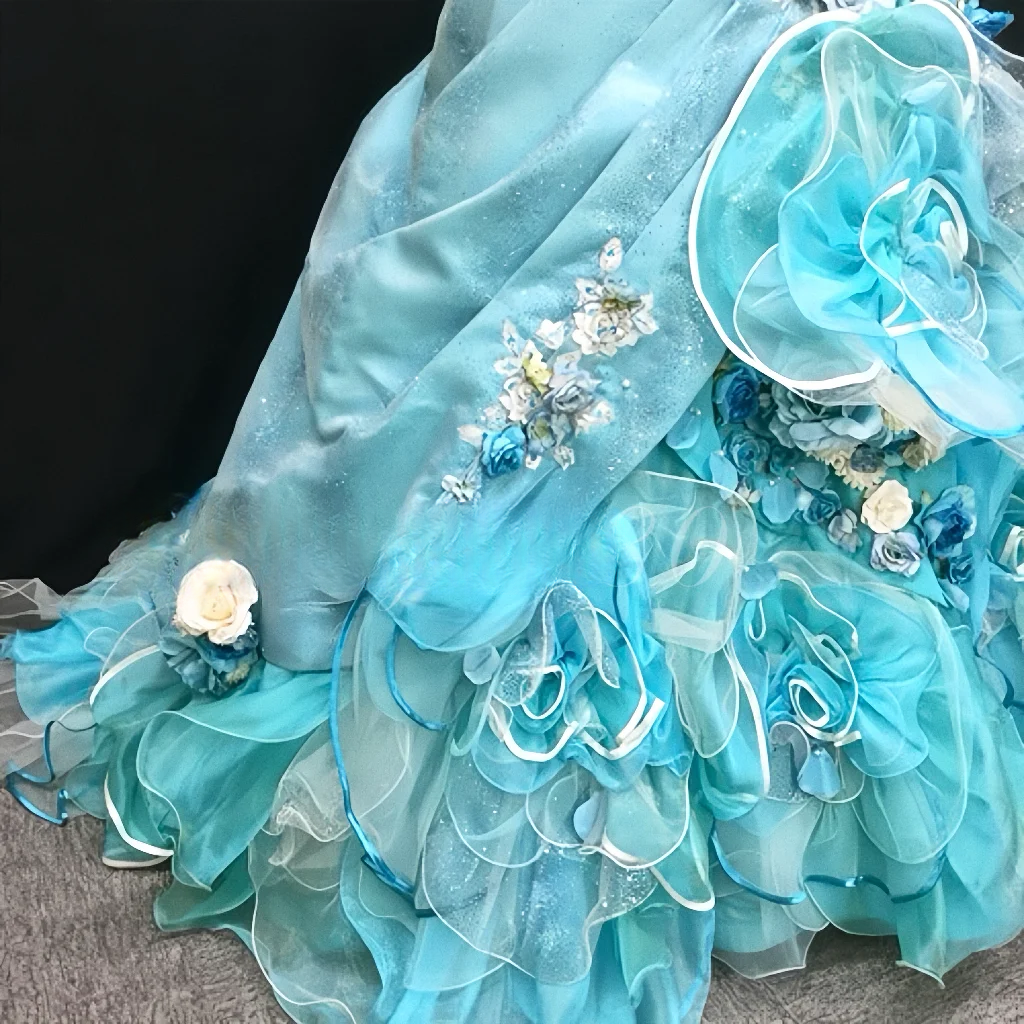 Robe de bal glamour turquoise sans bretelles, ornée d'appliqués floraux 3D et de volants en tulle, idéale pour les 16 ans (Quinceañera) DP7271