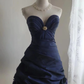 Vintage Navy Blue Strapless Sweetheart Ruched Bodice Gold Embellishment Ruffled Homecoming Dress DP7643