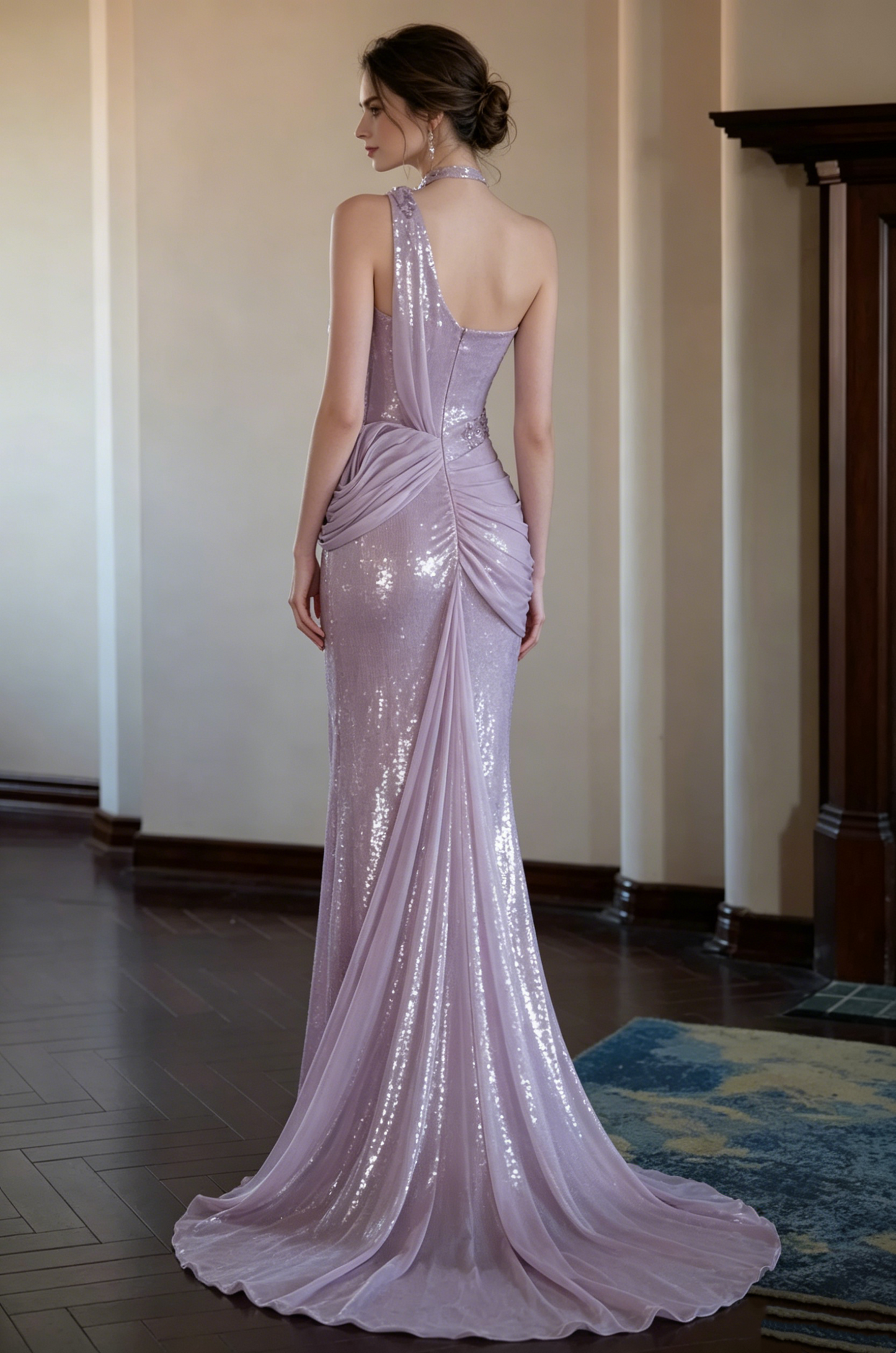 Elegant Lavender Sequin One-Shoulder Mermaid 3D Floral Prom Dress DP8572