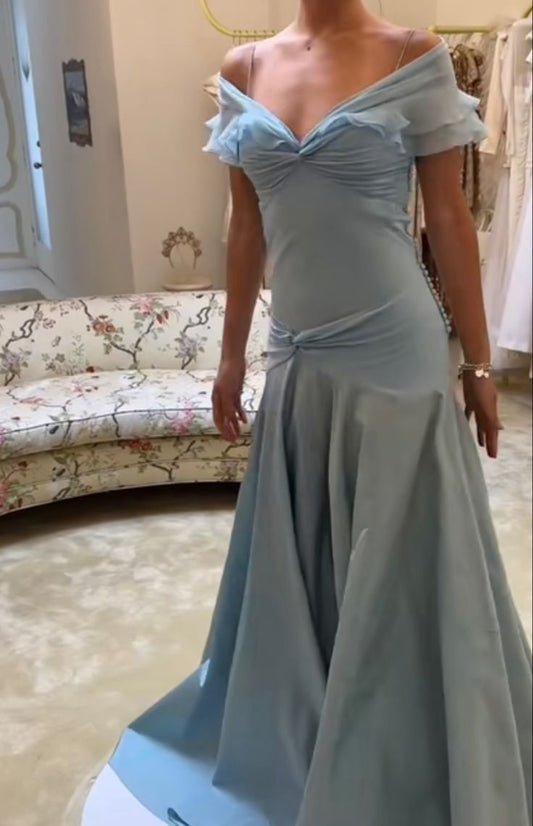 Elegant Dusty Blue Off-the-Shoulder Ruffled Satin A-Line Prom Gown Evening Dress DP8059