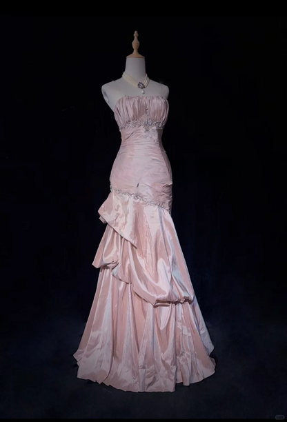 Gorgeous Pink Satin Beaded Prom Dress Mermaid Strapless Ruffled Evening Gown DP7112