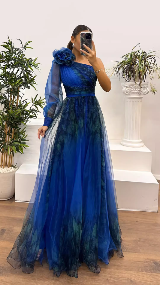 Enchanting Tulle One-Shoulder Gown 3D Floral Applique A-Line Evening Dress DP8109