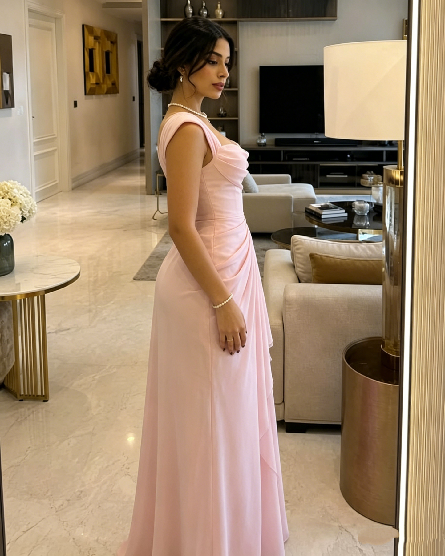 Elegant Pink Cowl Neck Draped Chiffon Cap Sleeve Evening Gown DP8467