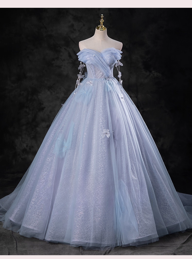 Elegant Sky Blue Applique Sweet 16 Quinceanera A-Line Sweetheart off-the shoulder Evening Dress Tulle Floor Length Ball Gown DP6920