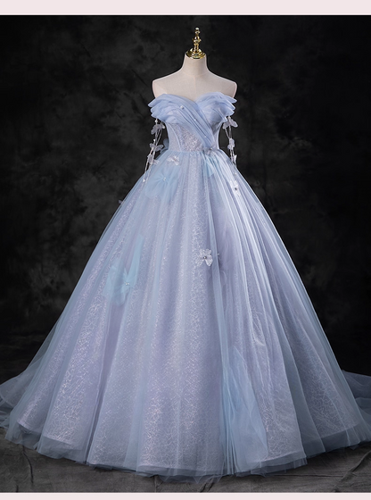 Elegant Sky Blue Applique Sweet 16 Quinceanera A-Line Sweetheart off-the shoulder Evening Dress Tulle Floor Length Ball Gown DP6920