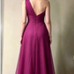 Elegant Burgundy One-Shoulder Draped Ruffle Chiffon A-Line Prom Dress DP8460
