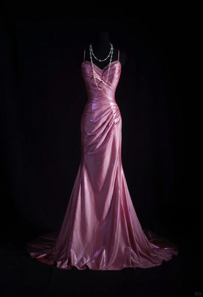 Elegant Dusty Rose Satin Mermaid Spaghetti Straps Sweetheart Evening Gown DP7385