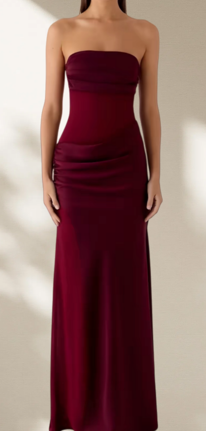 Robe de soirée fourreau vintage bordeaux en satin, sans bretelles, froncée, DP7818