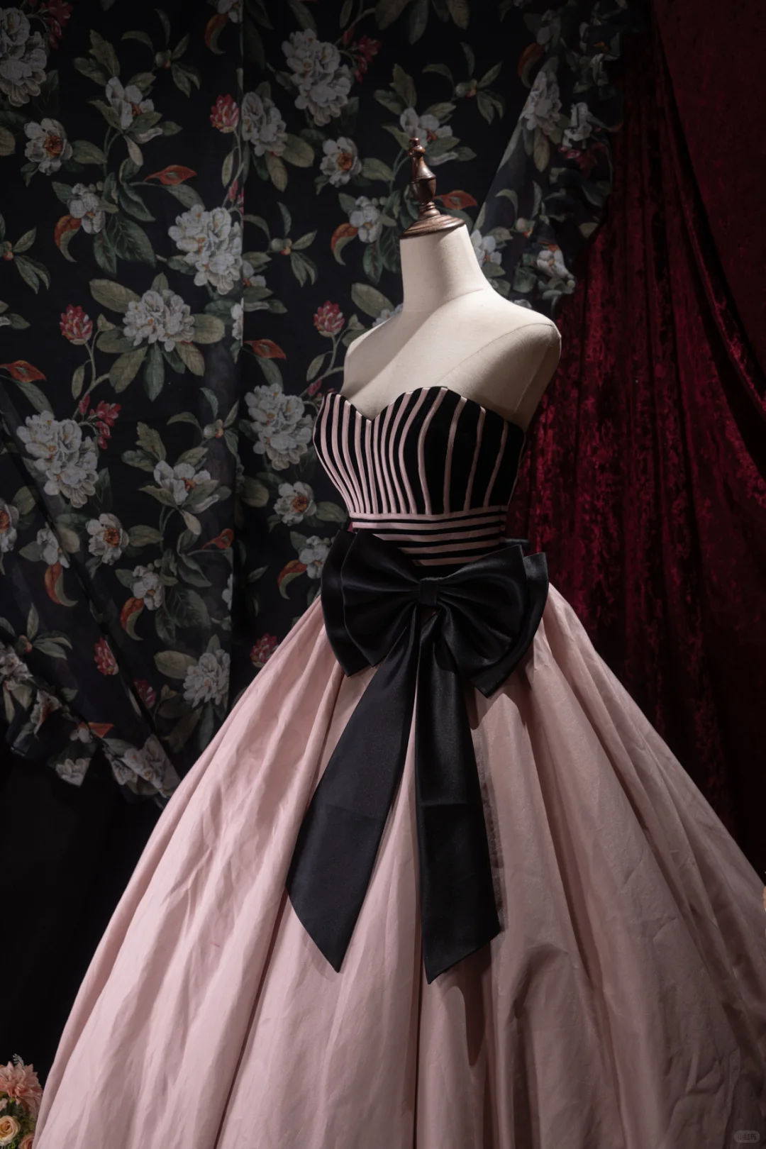 Elegant Pink  Black Striped Bodice Sweetheart Strapless Bow Ball Gown DP8345