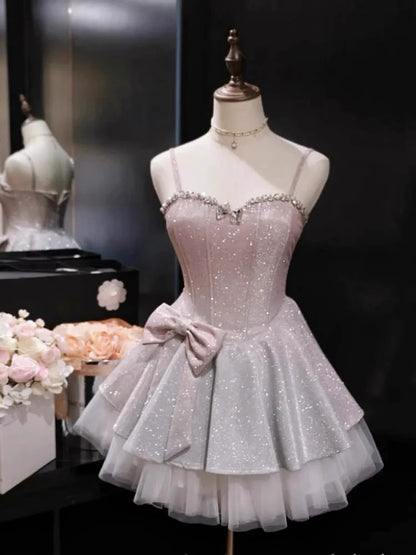 Elegant Ombre Glitter Sweetheart Spaghetti Strap Bow Tulle A-Line Homecoming Dress DP8727