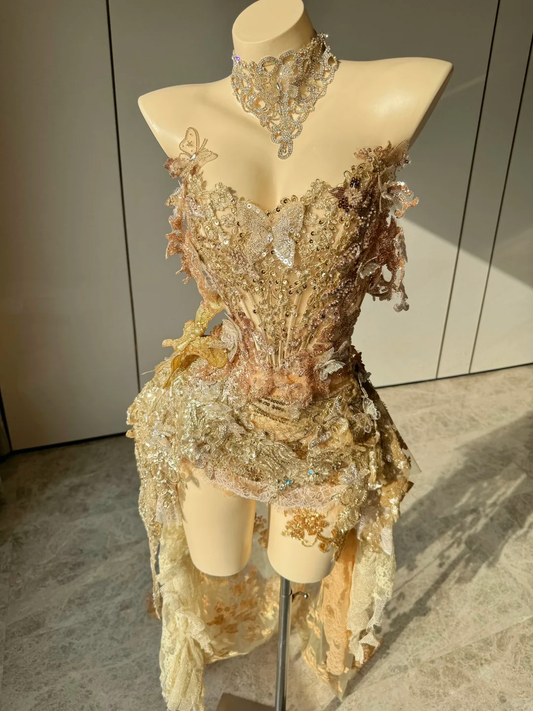 Glamorous Golden Off-the-Shoulder High-Low Beaded Homecoming Dress DP7960