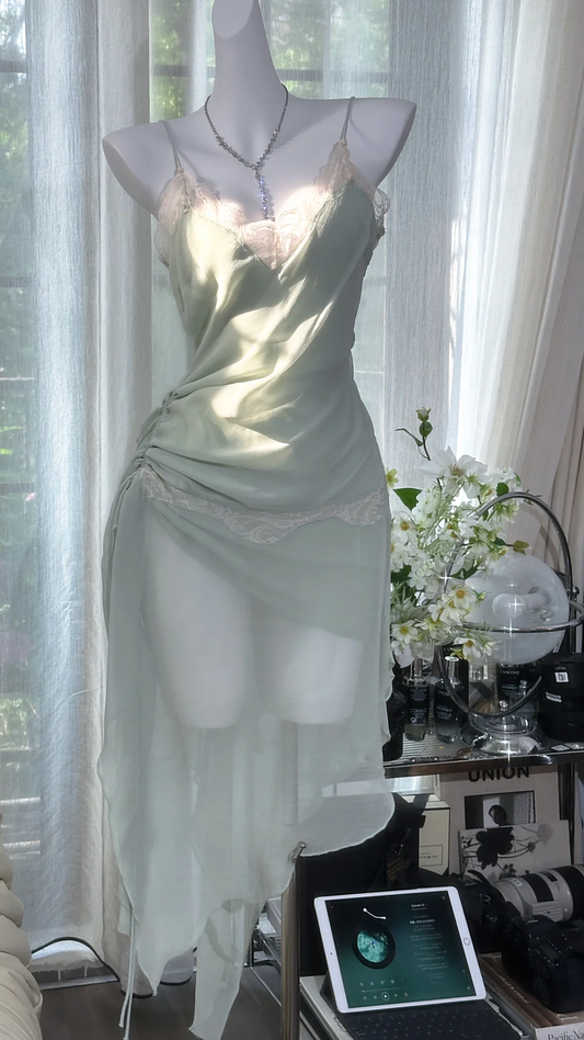 Vintage Mintgrün Unregelmäßiger Spitzensaum Spaghettiträger Design Chiffon Ballkleid Abendkleid DP6237