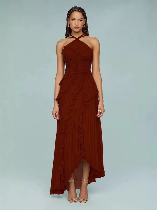 Elegant Halter-Neck Pleated Ruffled High-Low Evening Dress DP8152