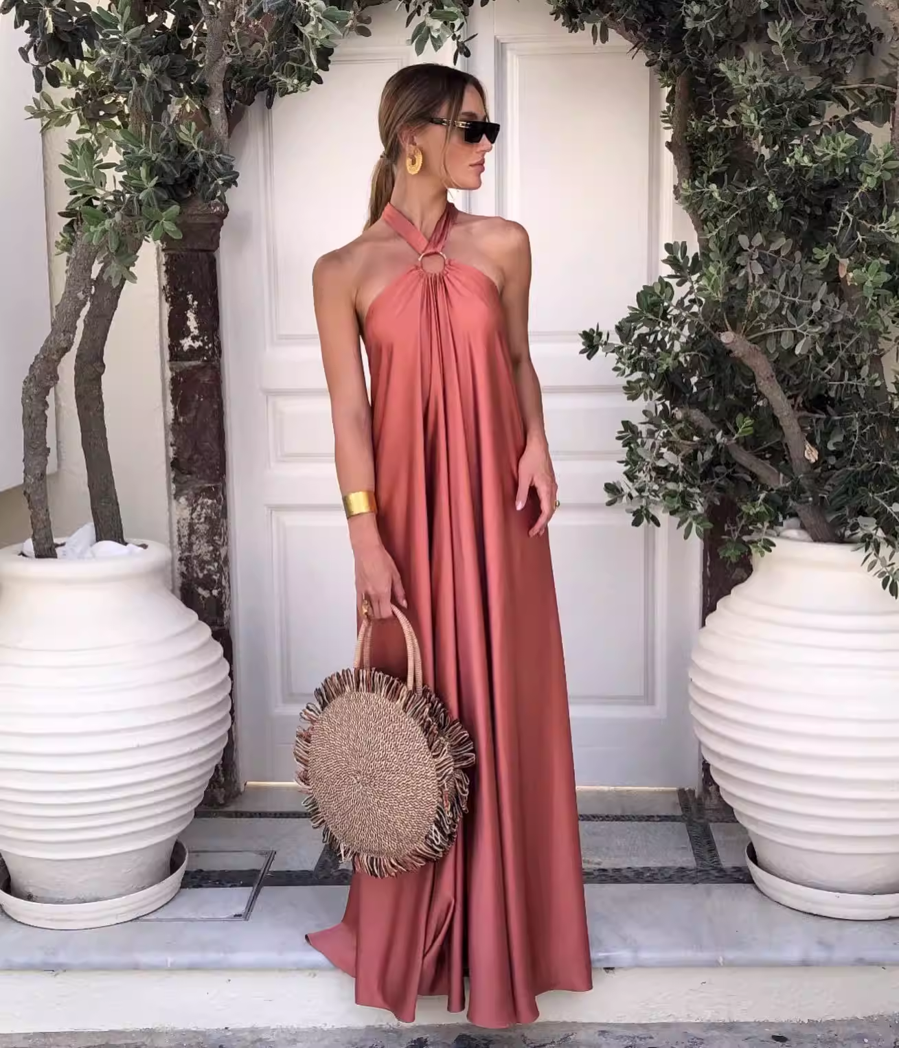 Glamorous Satin Halter-Neck Loose Flowy Evening Gown O-Ring Detail Prom Dress DP8113