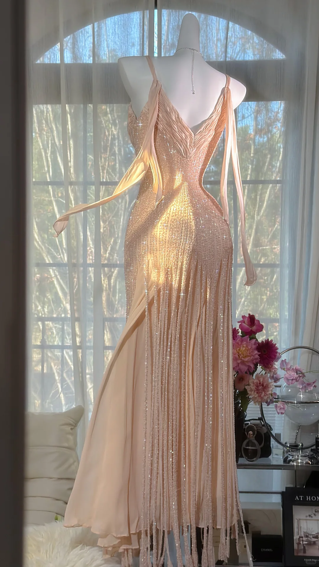 Glamorous Champagne Beaded Mermaid Prom Gown Spaghetti Strap Ruched Evening Dress DP8126