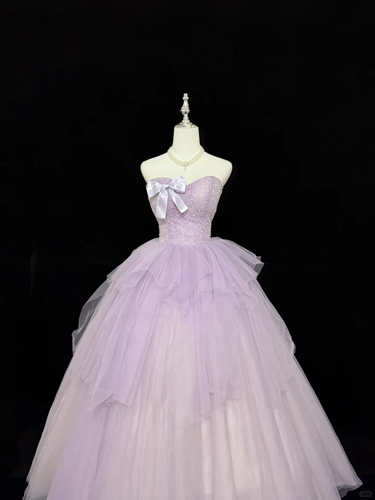Lavender Strapless Beaded Tulle Quinceanera Dress Bow Ruffled Ball Gown DP8254