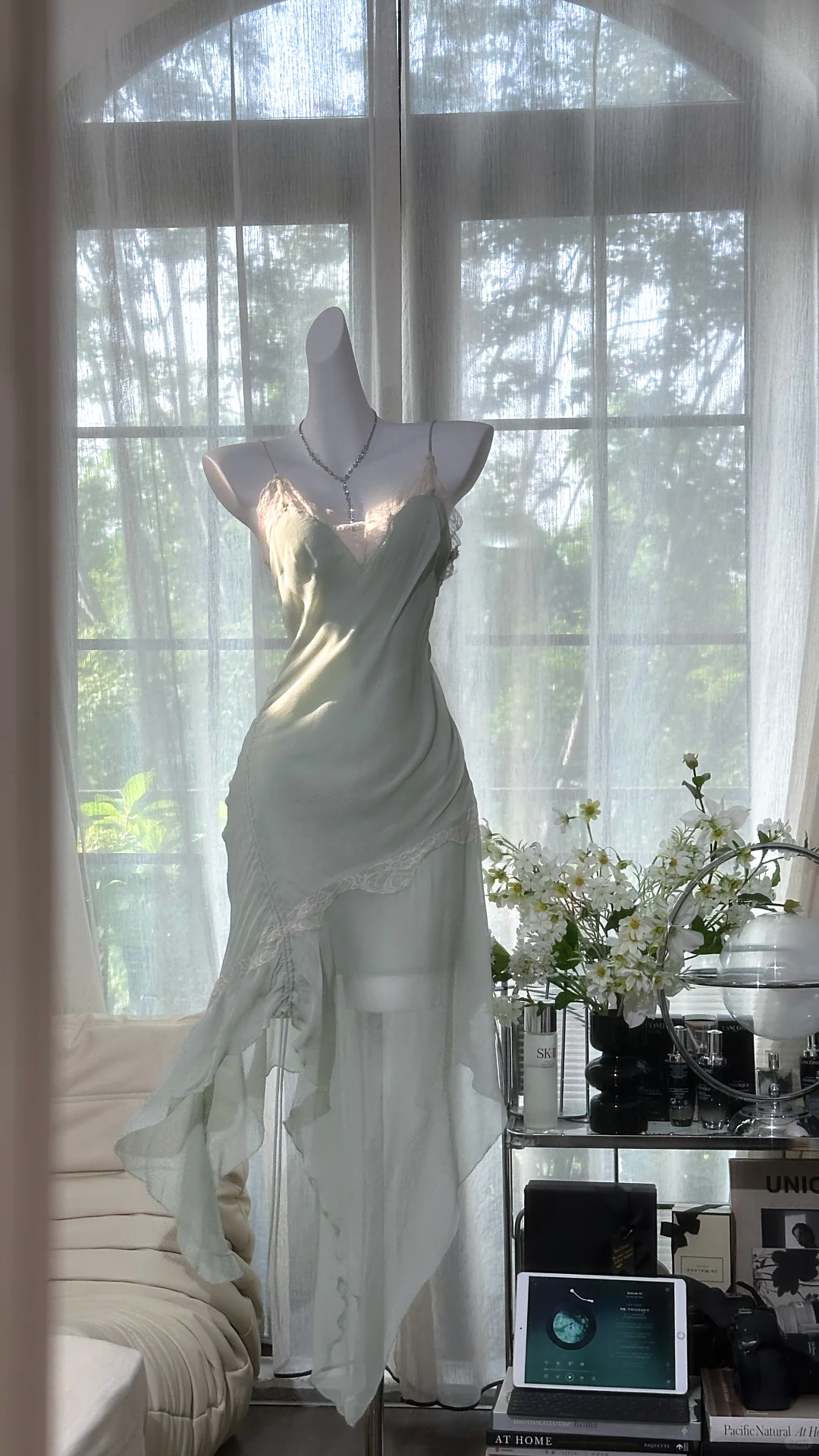 Vintage Mint Green Irregular Lace Hem Spaghetti Strap Design Chiffon Prom Dress Evening Dress DP6237