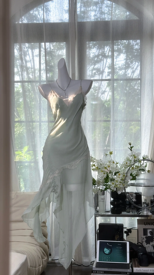 Vintage Mintgrün Unregelmäßiger Spitzensaum Spaghettiträger Design Chiffon Ballkleid Abendkleid DP6237