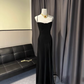Elegant Black Satin Spaghetti Strap Ruched Bodice Evening Gown DP7401