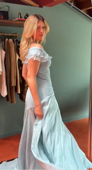 Elegant Dusty Blue Off-the-Shoulder Ruffled Satin A-Line Prom Gown Evening Dress DP8059