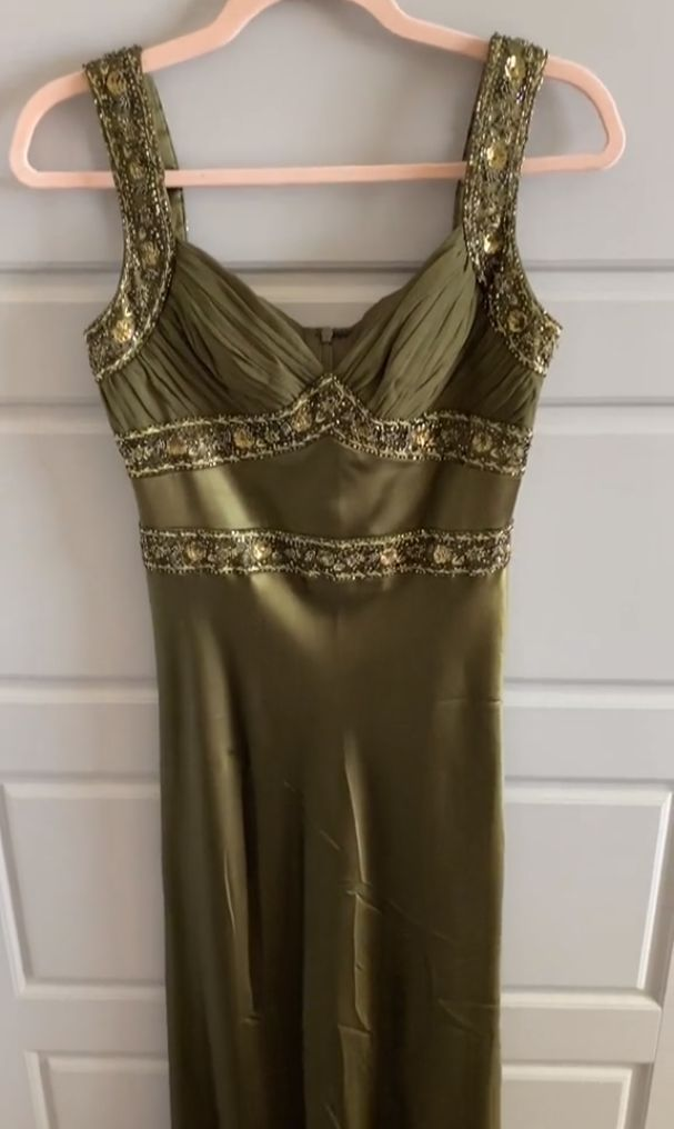Vintage olivgrünes, satiniertes, perlenbesetztes Sweetheart Meerjungfrauen-Abendkleid DP8360
