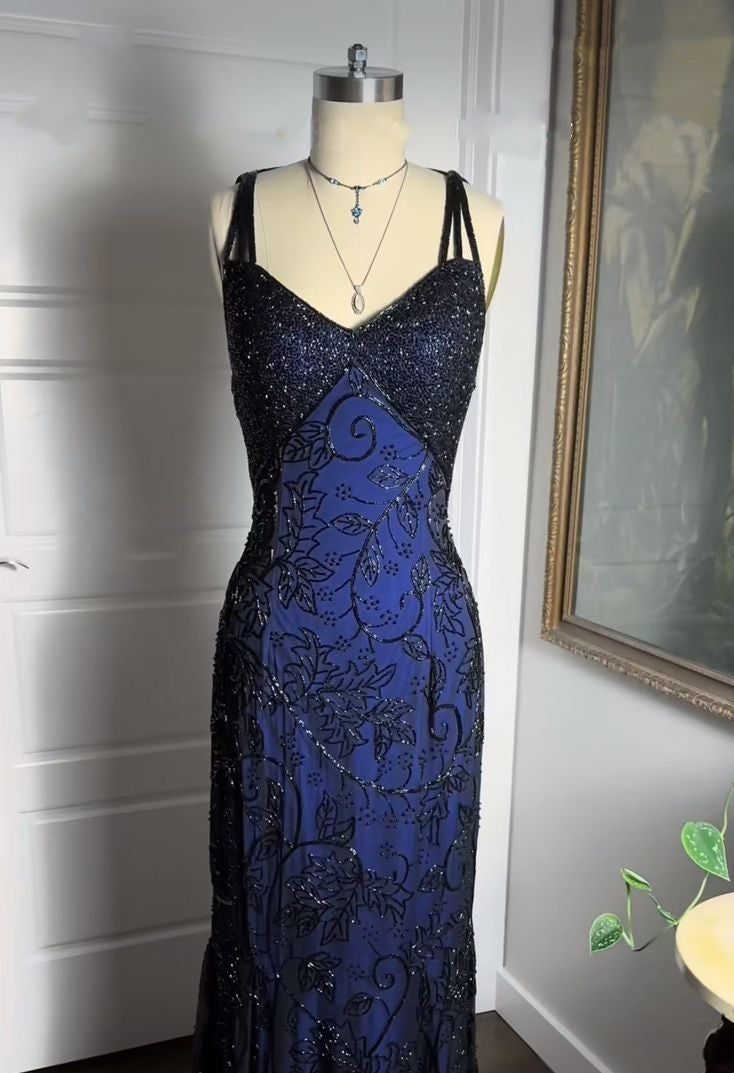 Stunning Blue Straps Mermaid Vintage Long Party Dress Evening Gown, DP3403