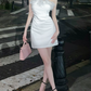 Elegant White Strapless Satin 3D Floral Ruched Bodycon Homecoming Dress DP8810