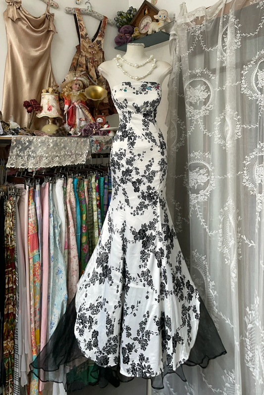 Vintage Floral Print Strapless Mermaid Long Prom Dress Evening Dress DP6378