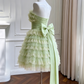 Vintage Strapless Light Green Lace Tiered Big Bow A-Line Homecoming Dress DP8823