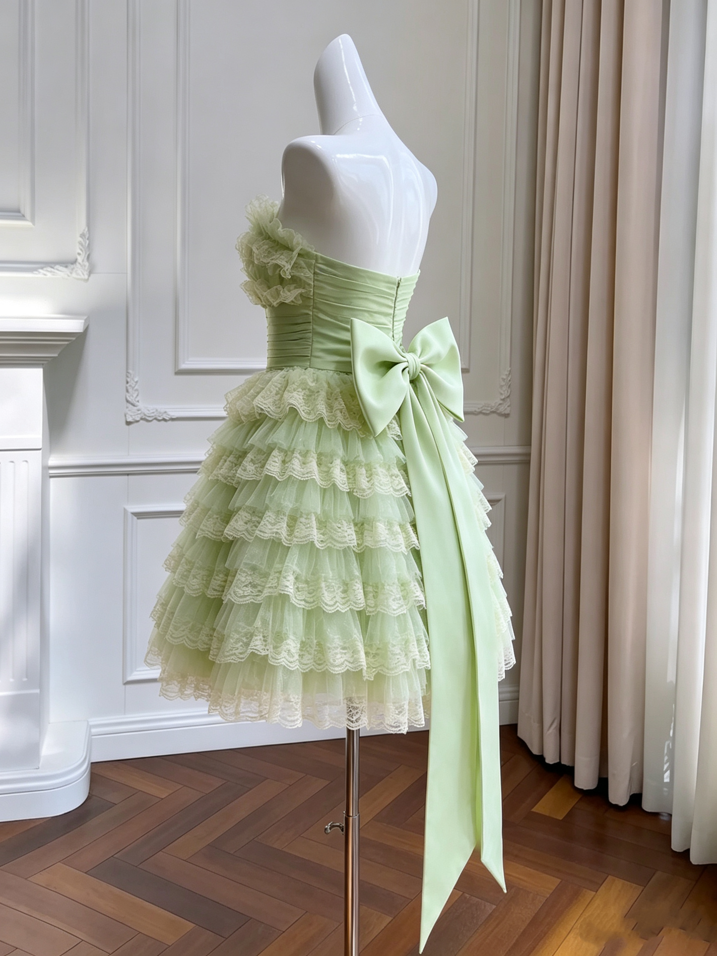 Vintage Strapless Light Green Lace Tiered Big Bow A-Line Homecoming Dress DP8823
