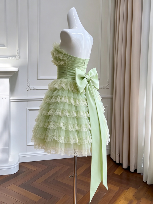 Vintage Strapless Light Green Lace Tiered Big Bow A-Line Homecoming Dress DP8823