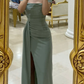 Chic Sage Green Ruched Maxi Dress High Slit Formal Wedding Guest Dress DP7869