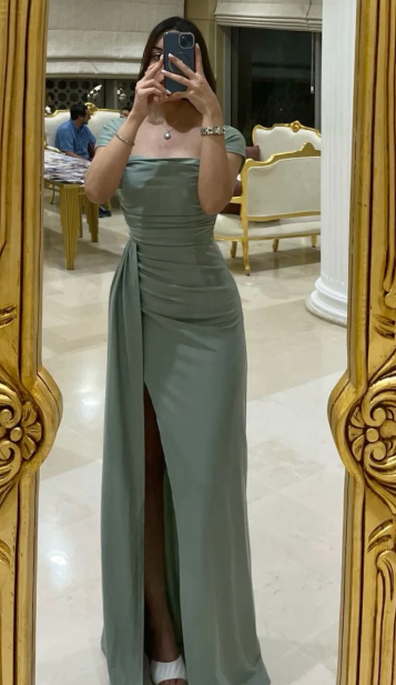 Chic Sage Green Ruched Maxi Dress High Slit Formal Wedding Guest Dress DP7869