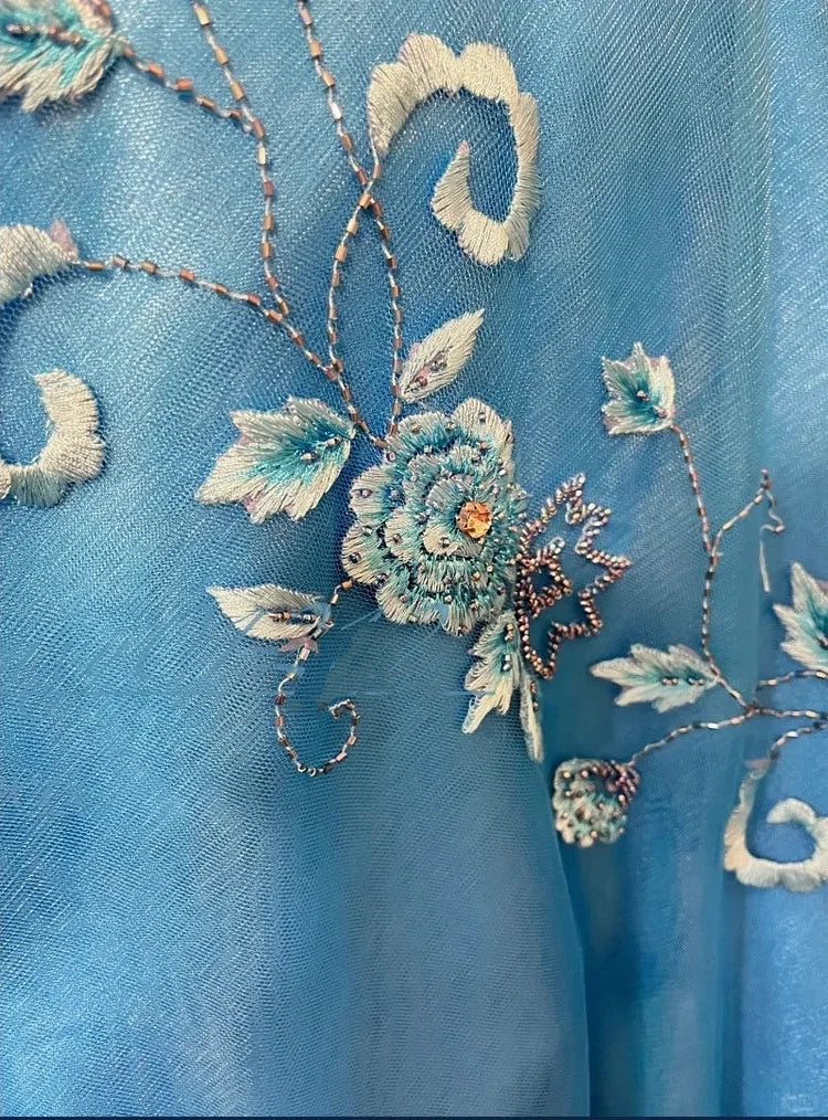 Elegant Ocean Blue Off-the-Shoulder Mermaid Satin & Embroidery Prom Dress DP8180