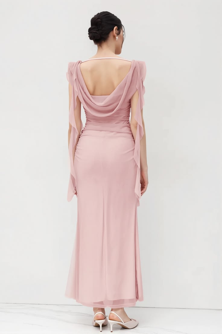 Elegant Pink Cowl Neck Ruffle Cap Sleeve Mermaid Ruched Chiffon Evening Gown DP8638