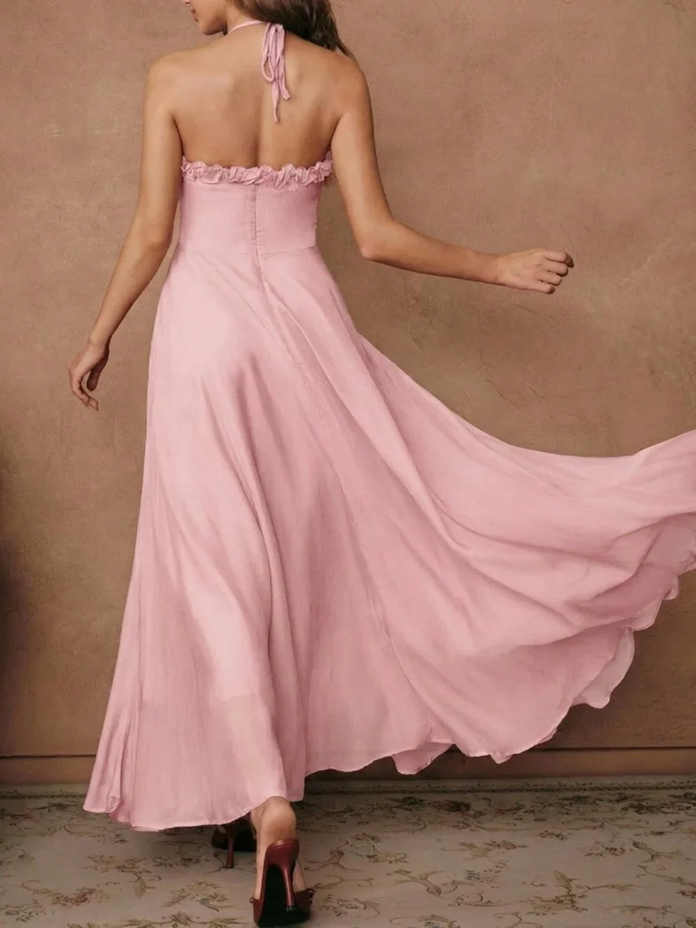 Elegant Pink Halter Ruffled Trim Ruched Chiffon A-Line Prom Dress DP8456