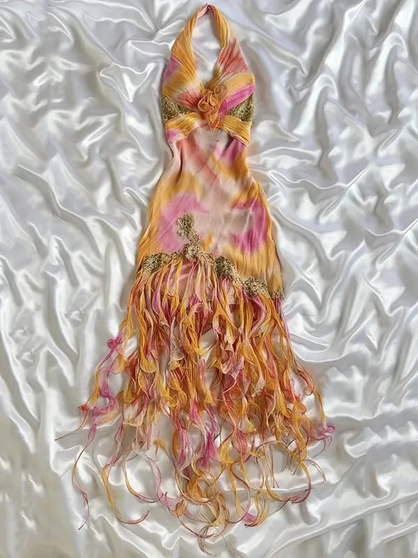 Robe de bal vintage en mousseline de soie, col licou, fourreau à volants, robe de soirée formelle DP6656