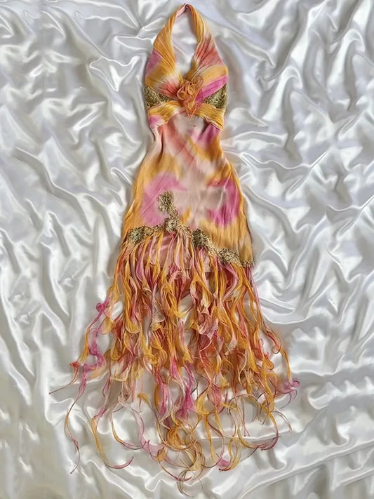 Robe de bal vintage en mousseline de soie, col licou, fourreau à volants, robe de soirée formelle DP6656