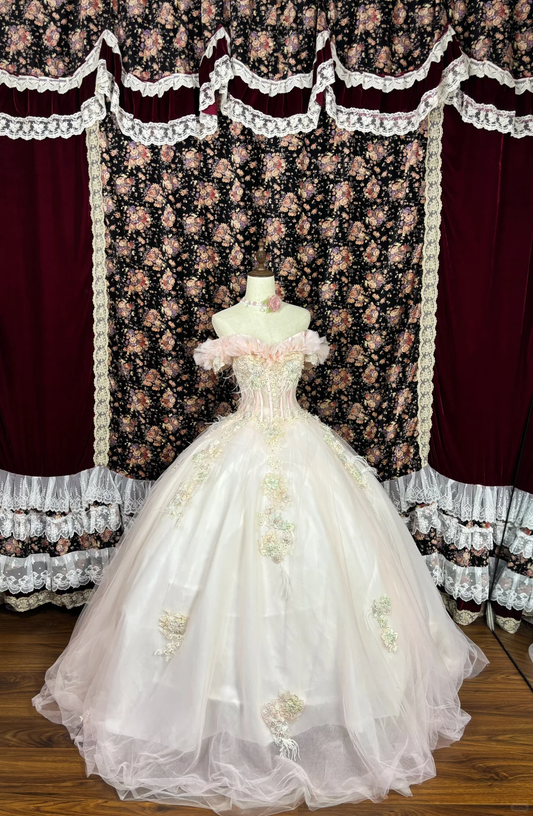 Vintage Pink Sweetheart Off-the-shoulder Tulle Beaded Quinceanera Evening Dress Ball Gown,DP6269